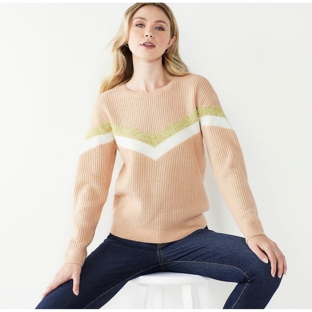 Nine West Womens Pink Ribbed Chevron Sweater Gold Metallic Stripe Cozy Size L